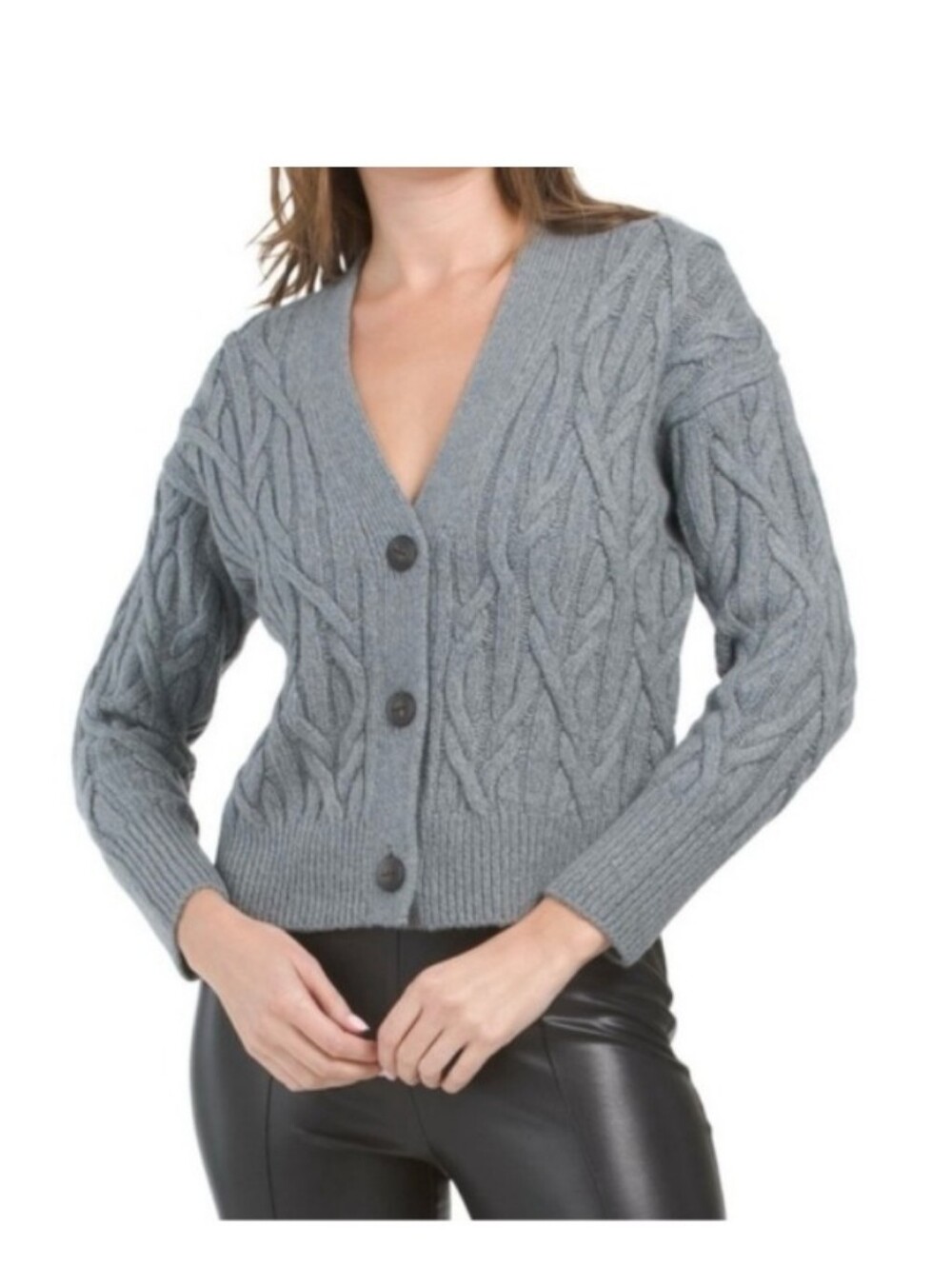 Vince Interlocking Cable Knit Merino Wool Cashmere V-Neck Cardigan